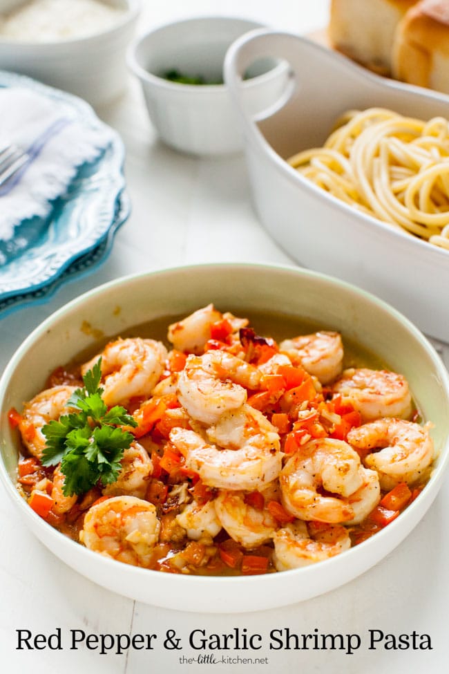 Red Pepper and Garlic Shrimp Pasta from thelittlekiitchen.com