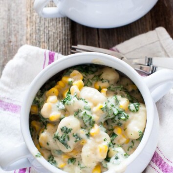 Brown Butter Gnocchi Mac & Cheese with Kale and Corn from thelittlekiitchen.com