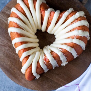 Heart-Shaped Pink Velvet Bundt Cake with Cream Cheese Frosting from thelittlekiitchen.com