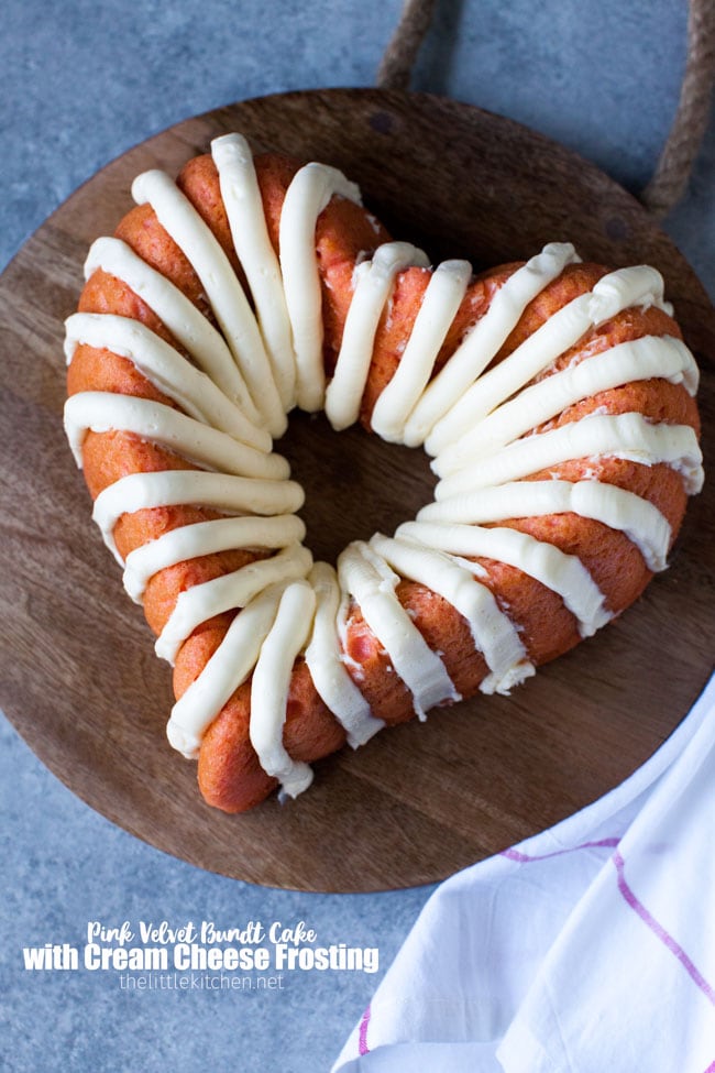 Heart-Shaped Pink Velvet Bundt Cake with Cream Cheese Frosting from thelittlekiitchen.com
