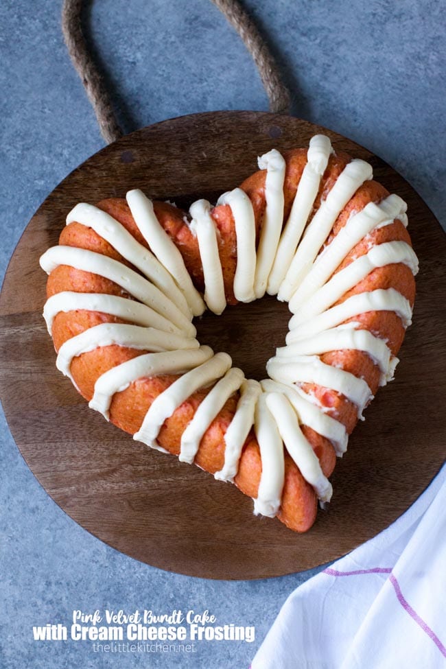 Heart-Shaped Pink Velvet Bundt Cake with Cream Cheese Frosting from thelittlekiitchen.com