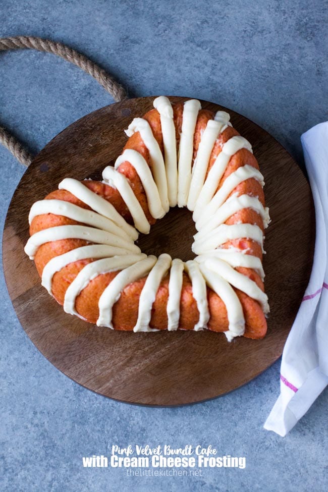 Heart-Shaped Pink Velvet Bundt Cake with Cream Cheese Frosting from thelittlekiitchen.com