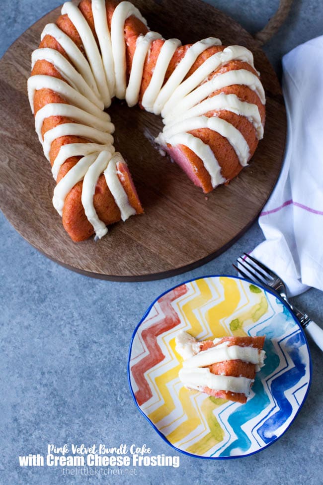 Heart-Shaped Pink Velvet Bundt Cake with Cream Cheese Frosting from thelittlekiitchen.com