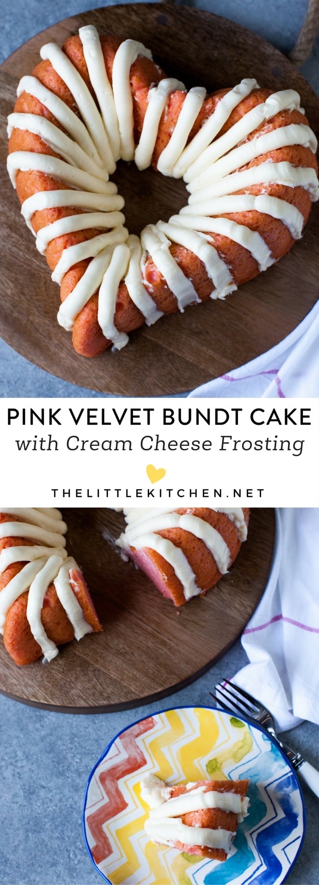 Heart-Shaped Pink Velvet Bundt Cake with Cream Cheese Frosting from thelittlekiitchen.com