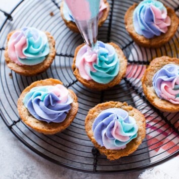 Chocolate Chip Cookie Cups with Unicorn Frosting from thelittlekiitchen.com