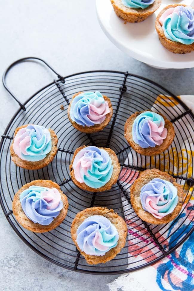 Chocolate Chip Cookie Cups with Unicorn Frosting from thelittlekiitchen.com