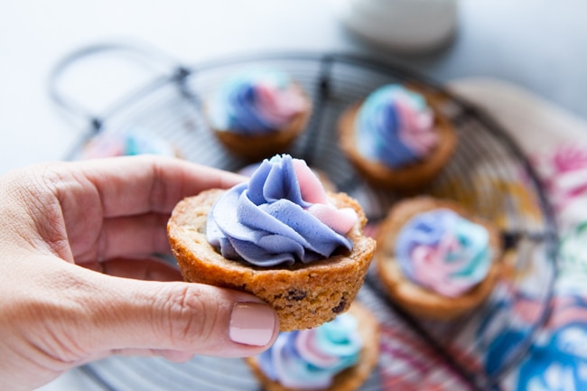 Chocolate Chip Cookie Cups with Unicorn Frosting from thelittlekiitchen.com