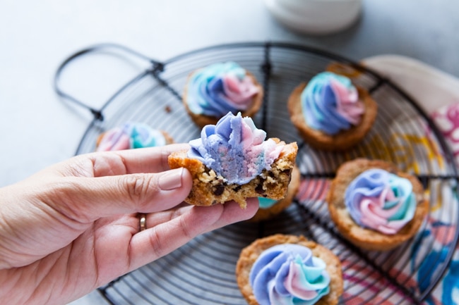 Chocolate Chip Cookie Cups with Unicorn Frosting from thelittlekiitchen.com