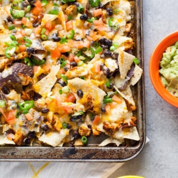 Sheet Pan Chicken Nachos from thelittlekiitchen.com