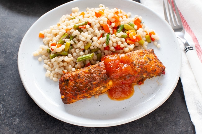 Salmon with Roasted Vegetable Couscous from thelittlekiitchen.com