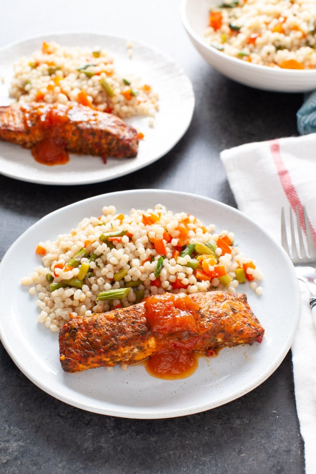Salmon with Roasted Vegetable Couscous from thelittlekiitchen.com