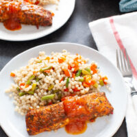 Salmon with Roasted Vegetable Couscous from thelittlekiitchen.com