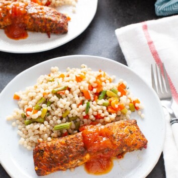 Salmon with Roasted Vegetable Couscous from thelittlekiitchen.com