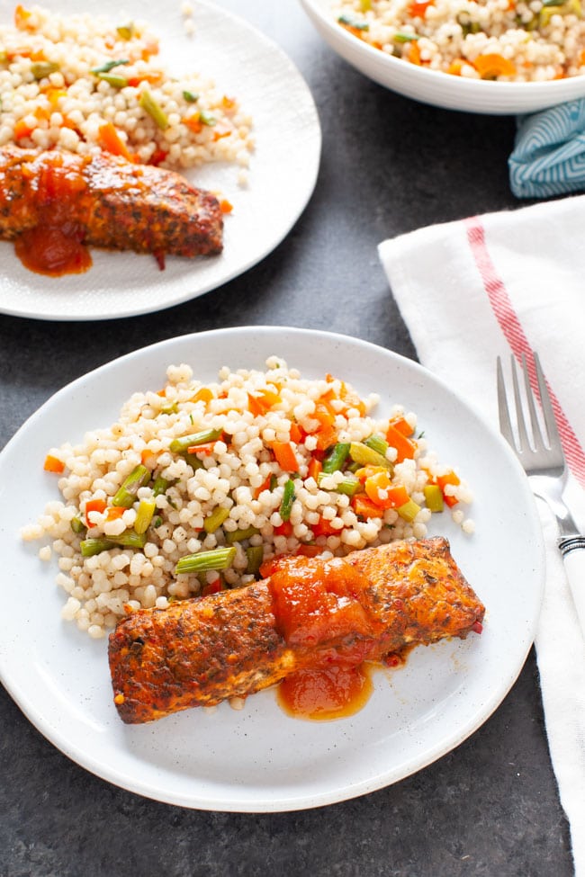 Salmon with Roasted Vegetable Couscous from thelittlekiitchen.com