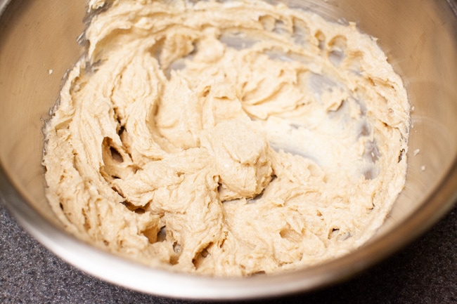 Brown sugar and butter creamed in metal bowl for Matcha Cookies from thelittlekiitchen.com