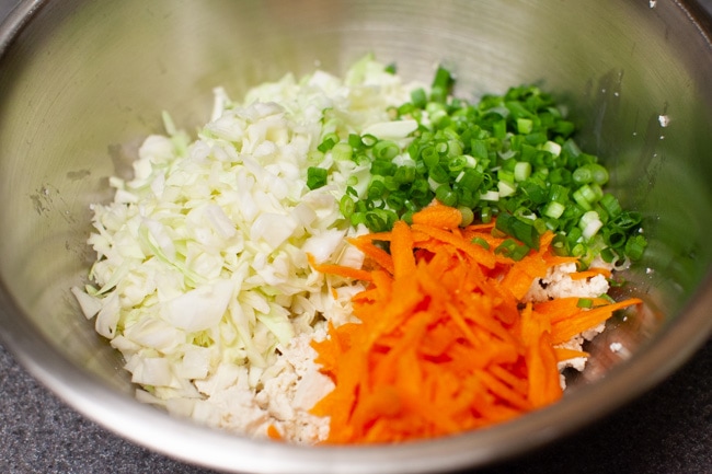 Mixing bowl filled with cabbage, green onions, carrots, and tofu for Vegetarian Dumplings from thelittlekiitchen.com