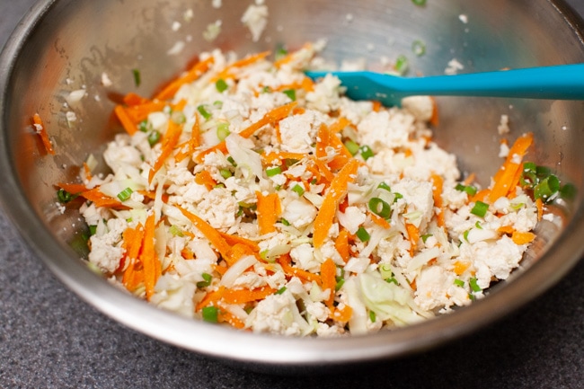 Metal mixing bowl with Vegetarian Dumpling filling from thelittlekiitchen.com