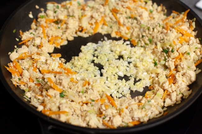 Vegetarian Dumpling filling being cooked in skillet from thelittlekiitchen.com