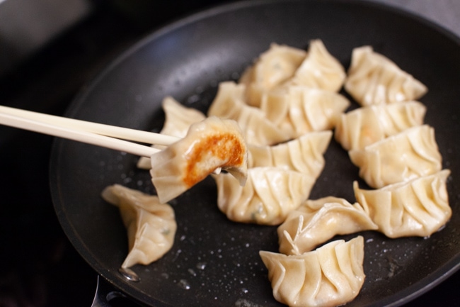 Vegetarian Dumpling with browned bottom, being picked up from skillet with chopsticks from thelittlekiitchen.com